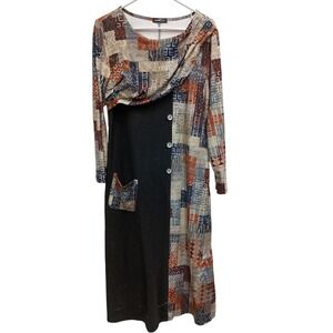 Hekka Wearable Art Midi Dress Womens Large Abstract Patchwork Long Sleeve Unique